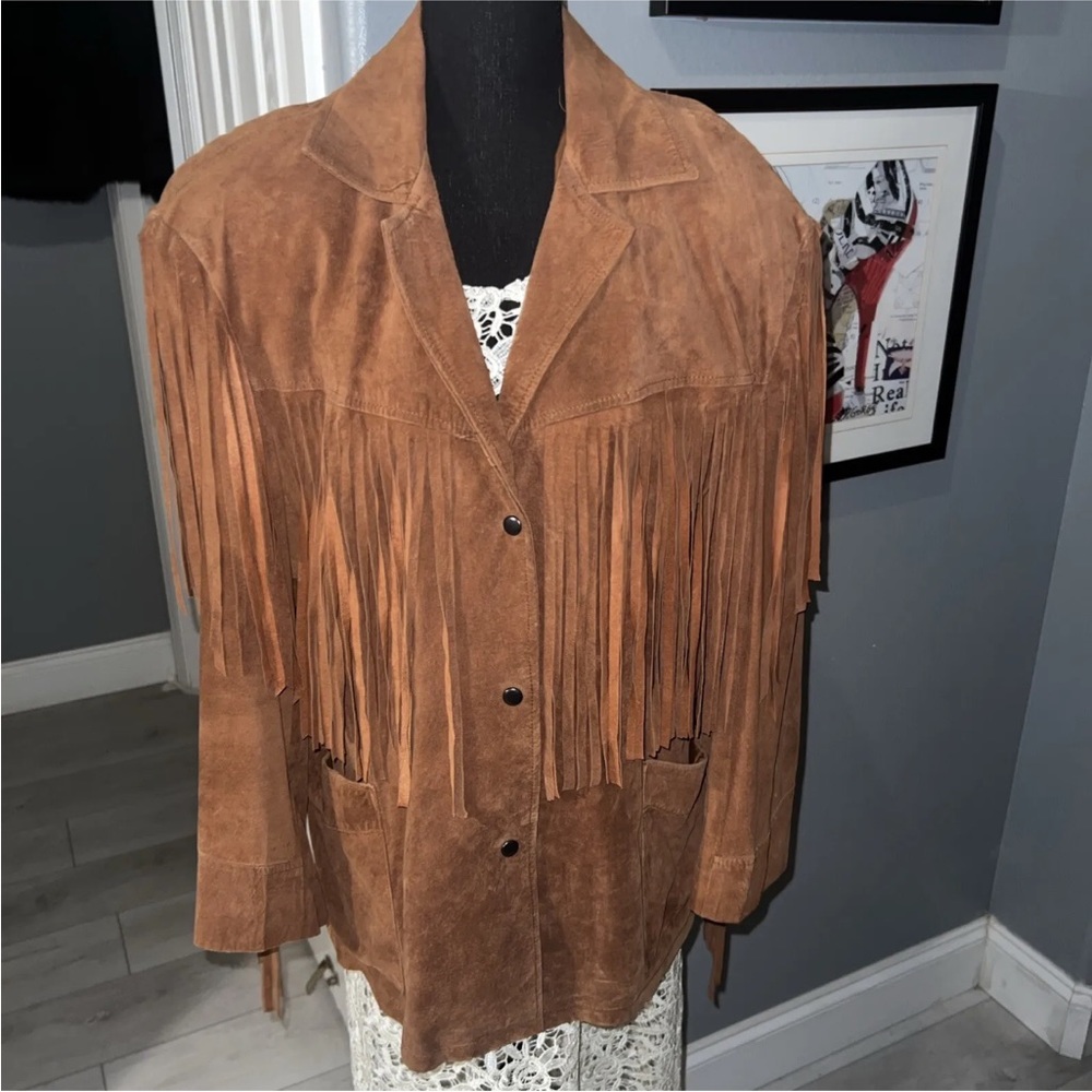 Cedars Vintage Brown Fringe Suede Leather Concho Buttons Jacket Women Medium